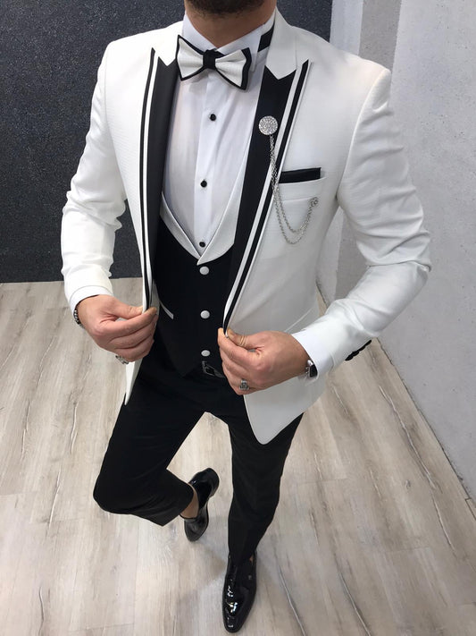 Infinite White Tuxedo with Black Vest - Timeless Elegance for Men