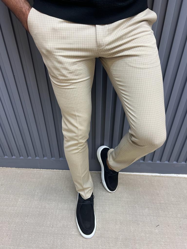 Sorento Beige Slim Fit Plaid Cotton Pants