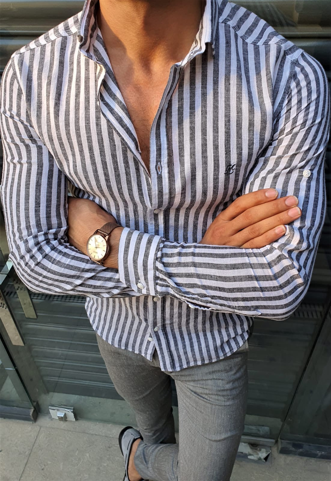 Brabion Stefano Gray Striped Slim-Fit Shirt
