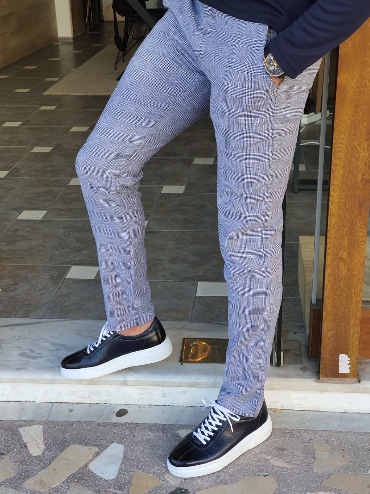 Montreal Navy Blue Slim Fit Plaid Cotton Pants