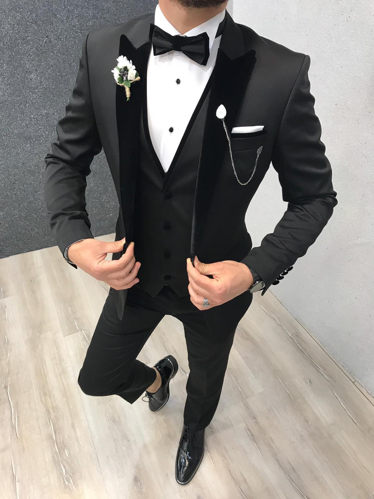 Infinite Royal Black Velvet Tuxedo – Luxurious Slim Fit for Formal Occasions