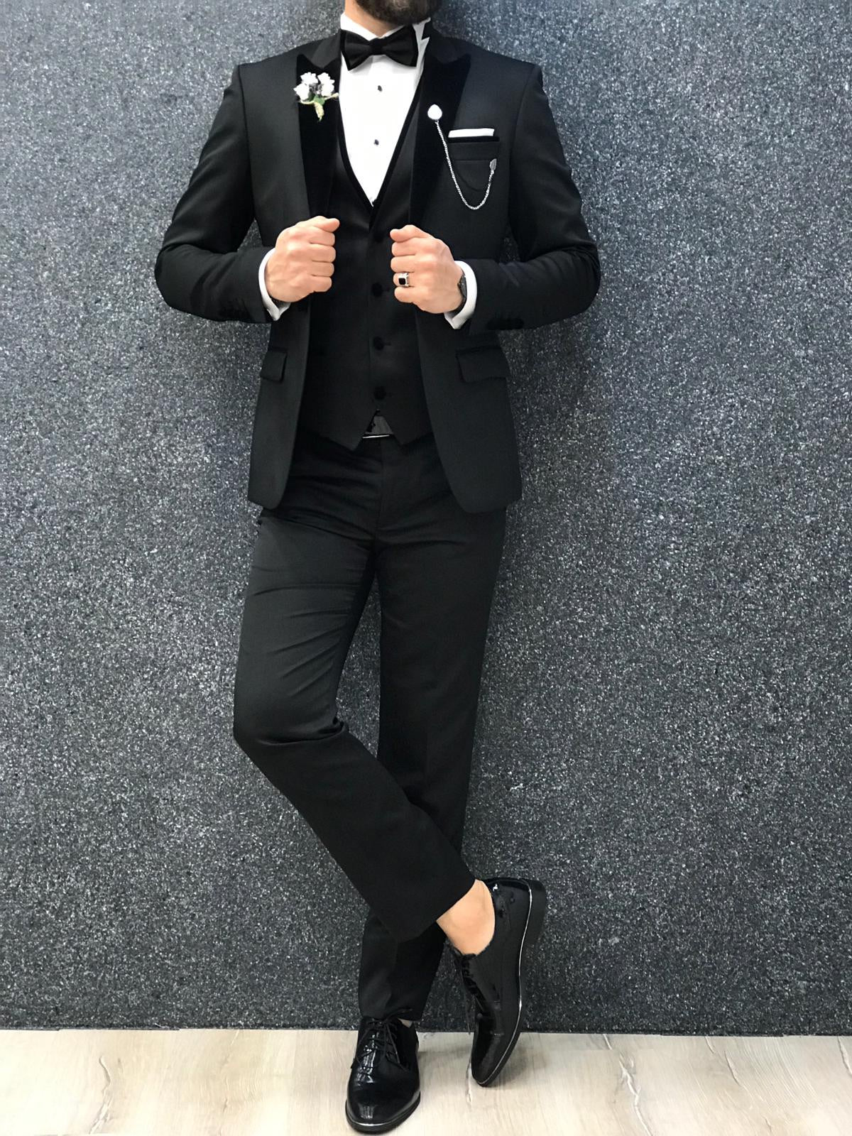 Infinite Royal Black Velvet Tuxedo – Luxurious Slim Fit for Formal Occasions