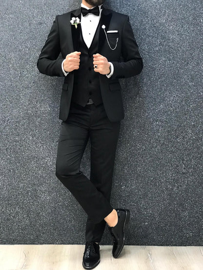 Infinite Royal Black Velvet Tuxedo – Luxurious Slim Fit for Formal Occasions