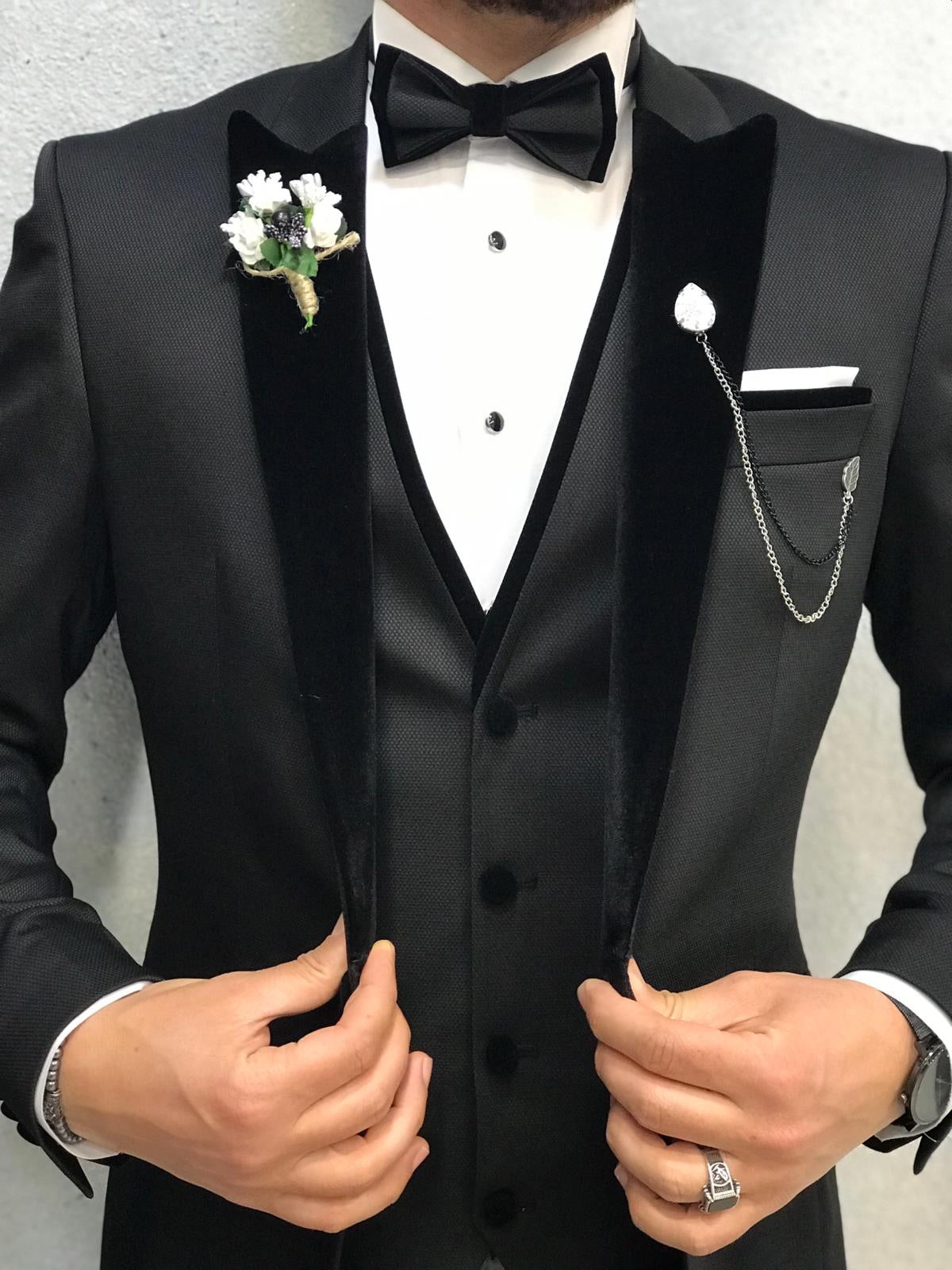 Infinite Royal Black Velvet Tuxedo – Luxurious Slim Fit for Formal Occasions